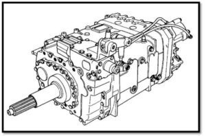 Diagrama técnico em preto e branco da caixa de câmbio ZF 16S-1650, vista lateral com detalhes de eixos e fixações