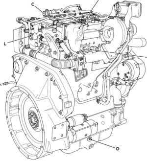 Desenho técnico em preto e branco do motor JCB T4i 444 com componentes detalhados