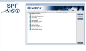 Tela do software Perkins SPI2 com menu de manuais, boletins e peças