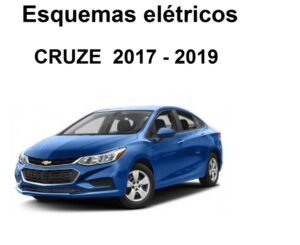 Chevrolet Cruze sedã azul em estúdio com o texto 'Esquemas elétricos CRUZE 2017 - 2019' na parte superior