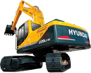Ilustração lateral traseira da escavadeira Hyundai R220LC-9S amarela e preta com esteiras e caçamba