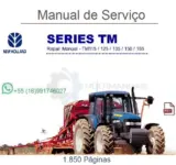 Capa do Manual de Serviço New Holland TM115 TM125 TM135 TM150 TM165 em PDF com trator azul no campo