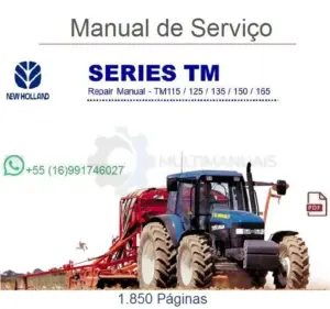Capa do Manual de Serviço New Holland TM115 TM125 TM135 TM150 TM165 em PDF com trator azul no campo