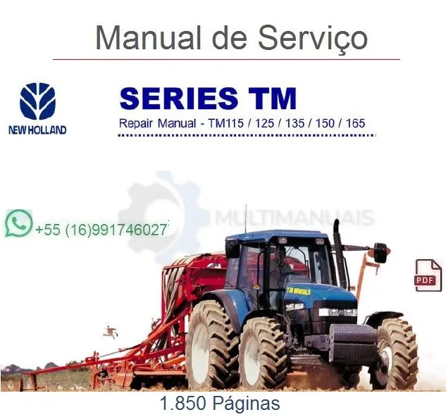 Capa do Manual de Serviço New Holland TM115 TM125 TM135 TM150 TM165 em PDF com trator azul no campo