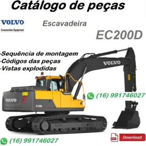 Catálogo de peças Volvo EC200D em PDF, capa com escavadeira em fundo branco