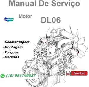 Capa do manual de serviço do motor Doosan DL06 em PDF com ilustração técnica e destaque para desmontagem, montagem, torques e medidas