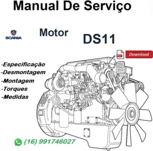 Ilustração técnica do motor Scania DS11 na capa de um manual de serviço em PDF, com tópicos de especificação, desmontagem e montagem