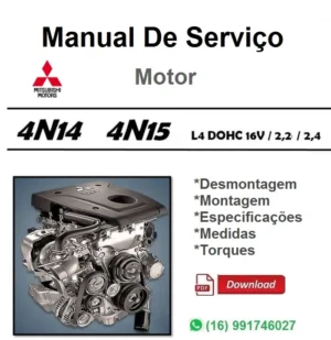 Motor Mitsubishi 4N14/4N15 em foto técnica com ícone de arquivo PDF para download