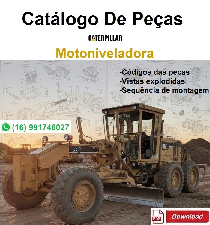 Motoniveladora Caterpillar 120G amarela em ambiente de obra, vista lateral com lâmina e cabine