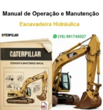 Capa do manual do operador Caterpillar 340 em PDF ao lado de escavadeira hidráulica amarela sobre fundo branco