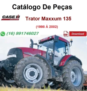 Trator Case IH Maxxum 135 vermelho em campo, usado para ilustrar o catálogo de peças em PDF