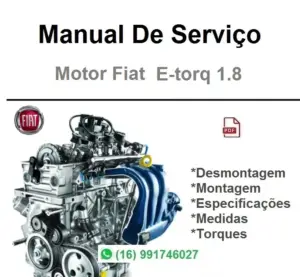 Capa do manual de serviço do motor Fiat E-Torq 1.8 em PDF com ilustração do motor e indicação de desmontagem, montagem e torques