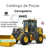 Carregadeira John Deere 444G amarela com caçamba, vista lateral, referência do modelo para catálogo de peças