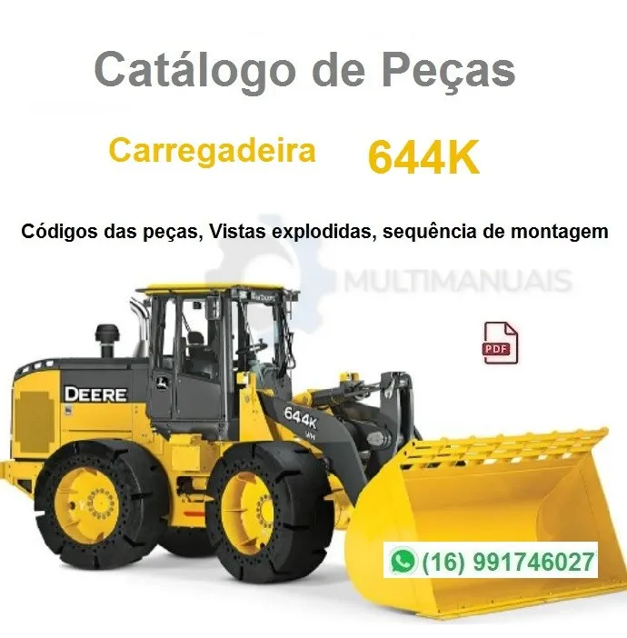 Carregadeira John Deere 644K amarela com caçamba frontal e pneus grandes, vista lateral em fundo neutro