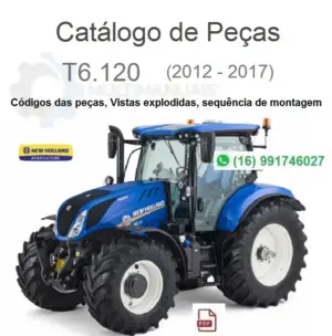 Trator New Holland T6.120 azul com cabine, visão lateral em fundo branco