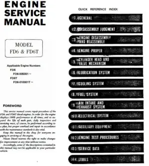 Capa do manual de serviço dos motores Nissan FD6 e FD6T com índice lateral de 14 seções, texto em inglês em layout técnico preto e branco