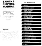 Capa do manual de serviço do motor Nissan PE6 e PE6T em inglês, com índice numerado de 1 a 14 e seções General, Engine Proper e Electrical System