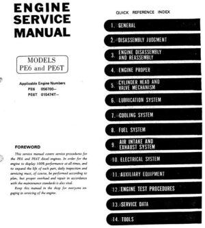 Capa do manual de serviço do motor Nissan PE6 e PE6T em inglês, com índice numerado de 1 a 14 e seções General, Engine Proper e Electrical System