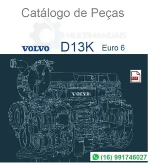 Catálogo de peças do motor Volvo D13K Euro 6 com desenho técnico em azul sobre fundo claro
