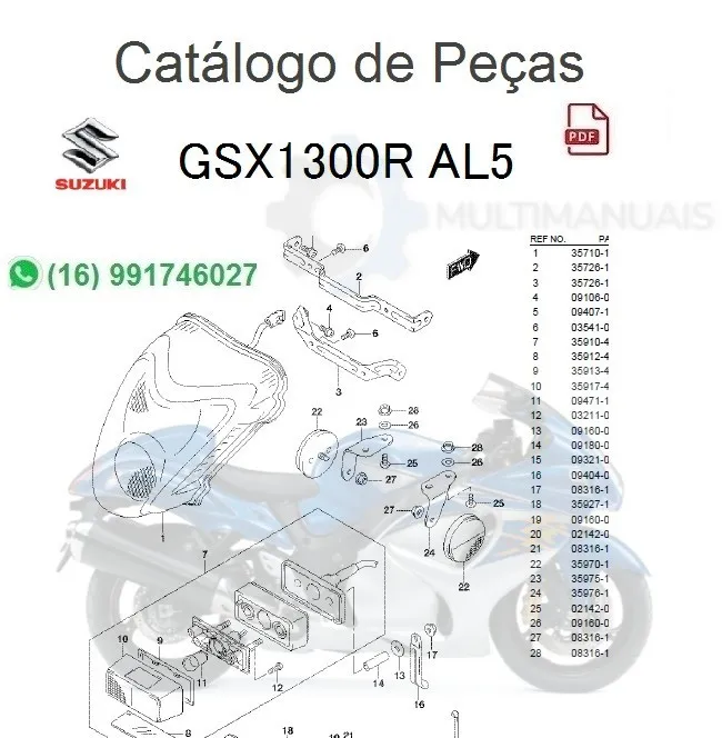 Diagrama explodido com peças numeradas do catálogo da Suzuki GSX1300R AL5 2015