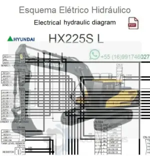 Escavadeira Hyundai HX225S L amarela com partes em preto, foco em sistemas elétricos e hidráulicos