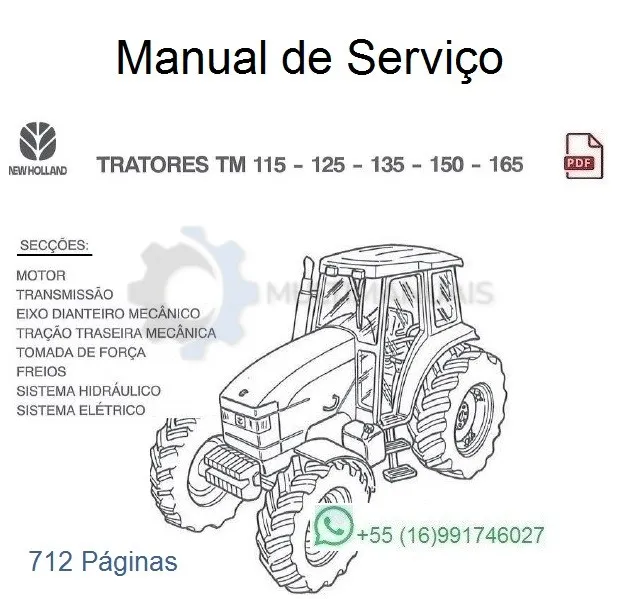 Capa do Manual de Serviço New Holland TM115, TM125, TM135, TM150 e TM165 em PDF, 712 páginas