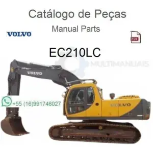 Escavadeira hidráulica Volvo EC210LC amarela e cinza em fundo branco, vista lateral com braço e caçamba
