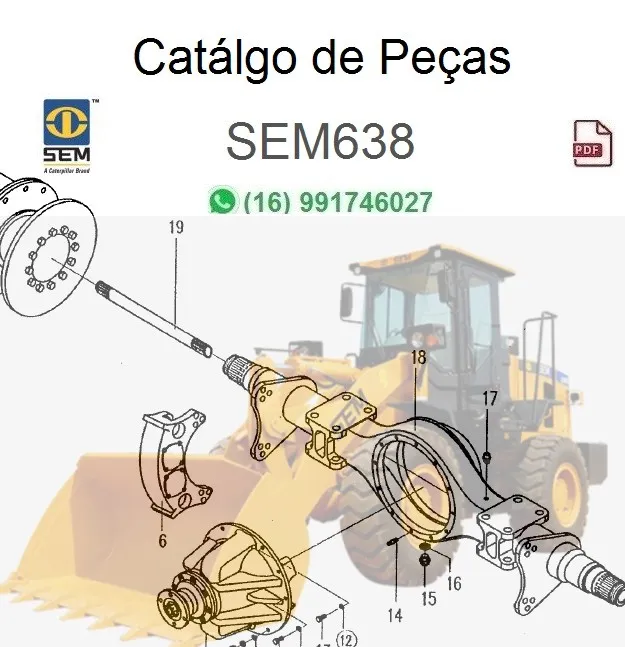 Página de catálogo técnico da carregadeira SEM638 com vista explodida de componentes mecânicos numerados