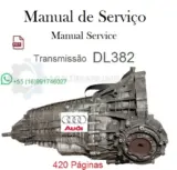 Transmissão Audi DL382 de 7 velocidades em fundo branco com destaque para manual de serviço em PDF