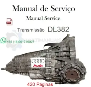 Transmissão Audi DL382 de 7 velocidades em fundo branco com destaque para manual de serviço em PDF
