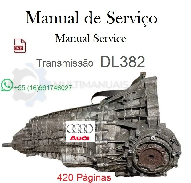 Transmissão Audi DL382 de 7 velocidades em fundo branco com destaque para manual de serviço em PDF