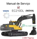 Imagem de manual de serviço em PDF para escavadeira Volvo EC210DL amarela e preta, com destaque para 2.088 páginas