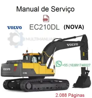 Imagem de manual de serviço em PDF para escavadeira Volvo EC210DL amarela e preta, com destaque para 2.088 páginas